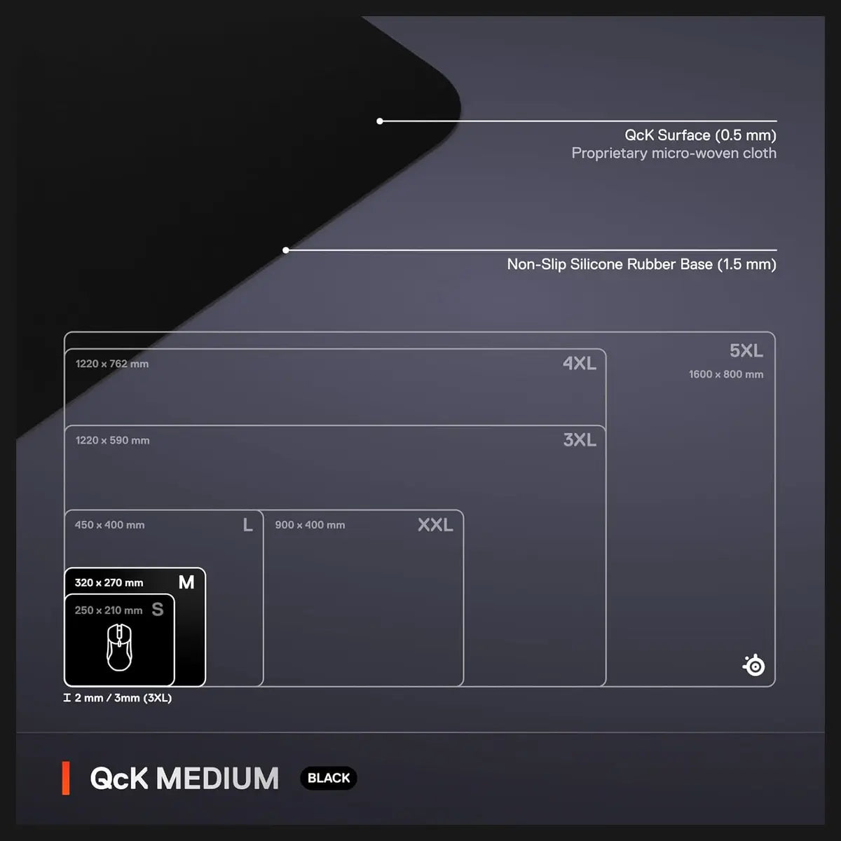SteelSeries QcK Medium Gaming Mousepad, Micro-Woven Cloth Surface, Non-Slip Rubber Base, Optimized for Optical and Laser Sensors, 320mm x 270mm x 2mm, Black 63004
