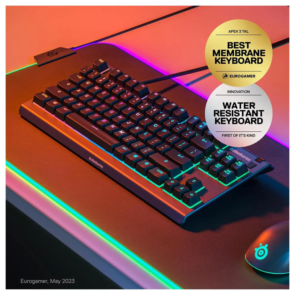 SteelSeries Apex 3 TKL RGB Gaming Keyboard, Tenkeyless Compact Form Factor, 8-Zone RGB Illumination, IP32 Water and Dust Resistant, Whisper Quiet Gaming Switch, Gaming Grade Anti-Ghosting, Black 64831