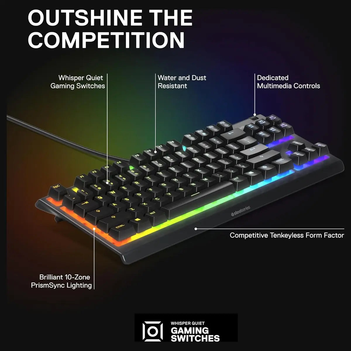 SteelSeries Apex 3 TKL RGB Gaming Keyboard, Tenkeyless Compact Form Factor, 8-Zone RGB Illumination, IP32 Water and Dust Resistant, Whisper Quiet Gaming Switch, Gaming Grade Anti-Ghosting, Black 64831