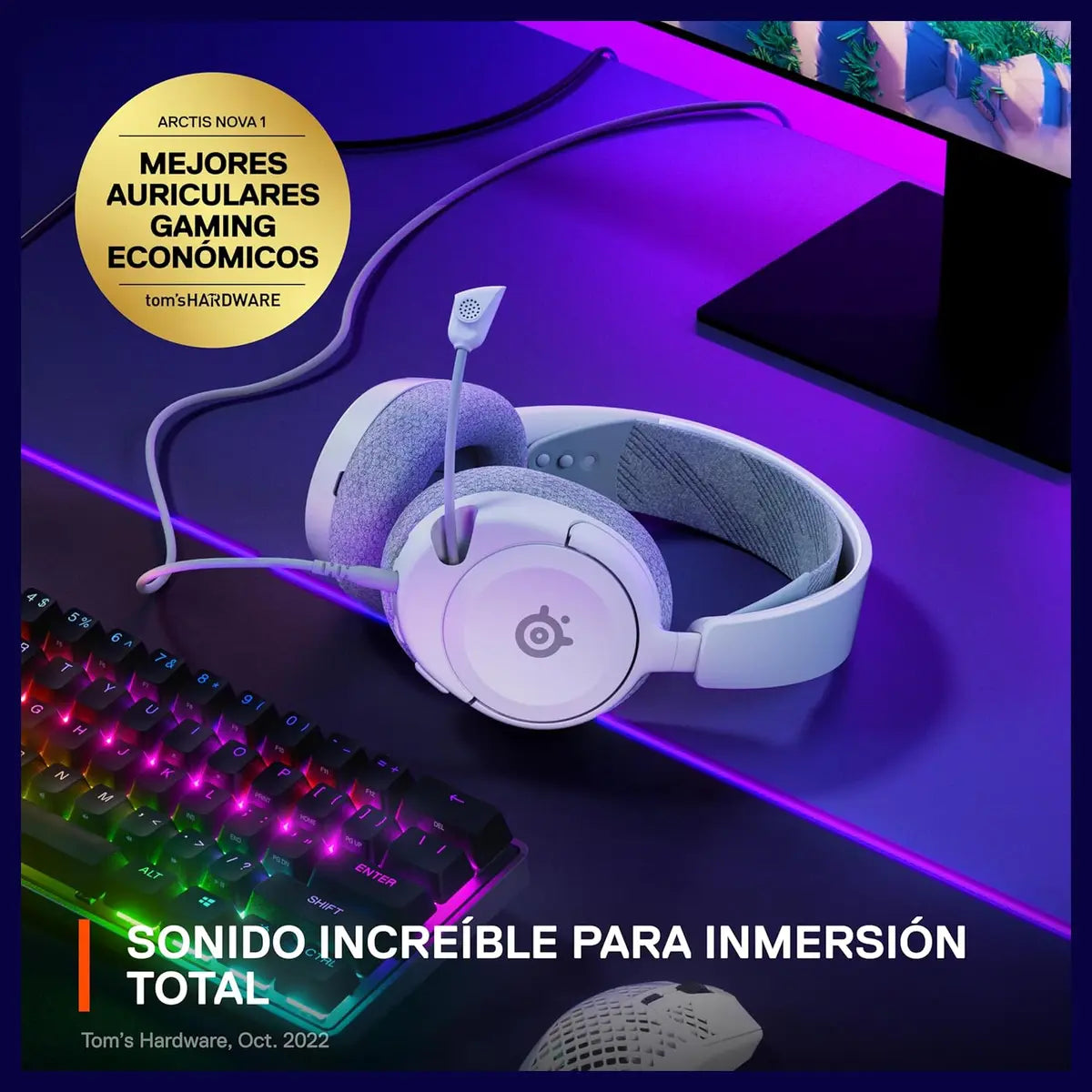 SteelSeries Arctis Nova 1 Multi-System Gaming Headset, Hi-Fi Drivers, 360 Degree Spatial Audio, AI-Powered Noise-Cancelling Mic, 3.5mm Jack, White 61607