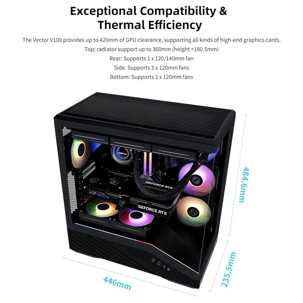 Lian Li Vector V100R ATX Mid-Tower PC Case, 4x120mm ARGB PWM Fans, LED RGB Strip, Tempered Glass Display Platform, 415mm GPU Support, 360mm Radiator Support, Black, V100RX