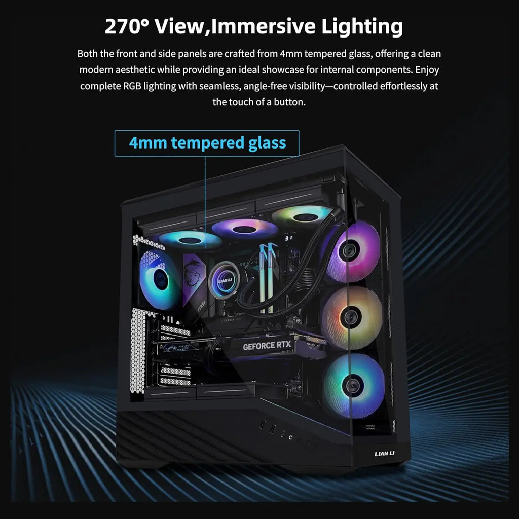 Lian Li Vector V100R ATX Mid-Tower PC Case, 4x120mm ARGB PWM Fans, LED RGB Strip, Tempered Glass Display Platform, 415mm GPU Support, 360mm Radiator Support, Black, V100RX