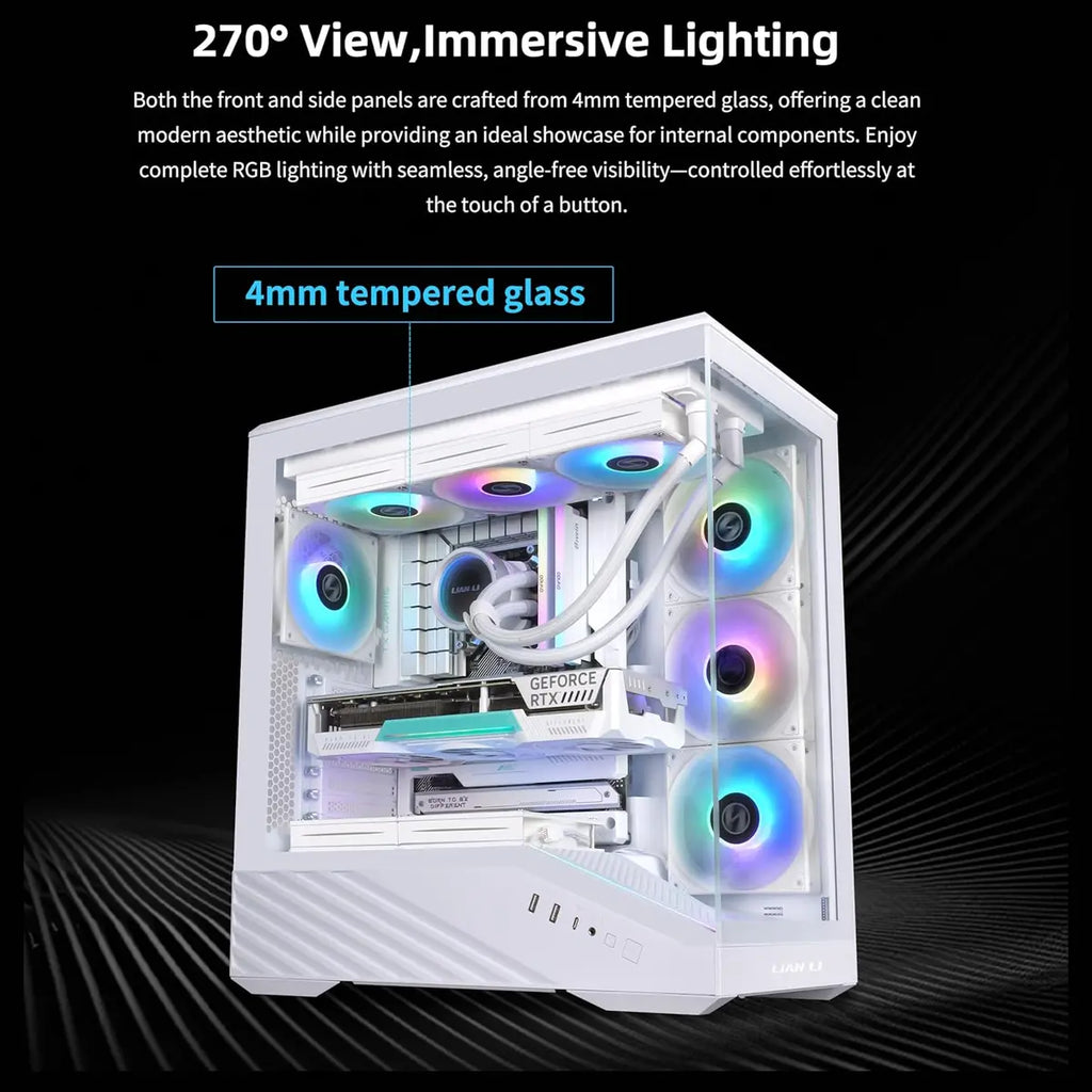 Lian Li V100R ATX Mid-Tower PC Case, 4x120mm ARGB PWM Fans, LED RGB Strip, Tempered Glass, 420mm GPU Support, White V100RW