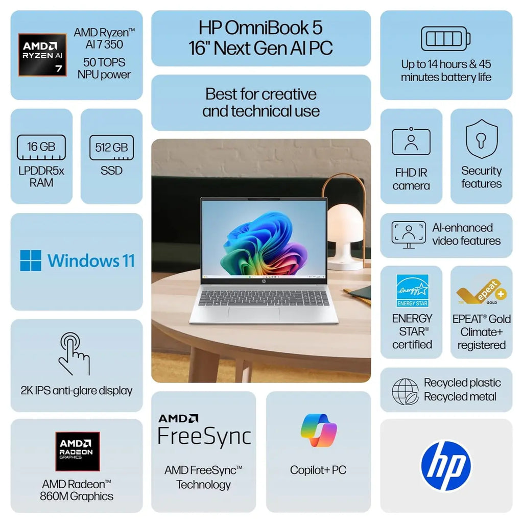 HP OmniBook 5 16-AG1070WM Laptop, Ryzen AI 7 350, AMD Radeon 860M, 16GB DDR5 RAM, 512GB SSD, 16" 1920x1200 IPS Non-Touch, Windows 11 Home, Silver