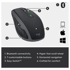 Logitech MX Anywhere 2S Bluetooth Edition Compact Wireless Mouse, Bluetooth Only, Darkfield Tracking Up To 4000 DPI, Hyper-Fast Scrolling, Rechargeable, Logitech Flow Up To 3 Computers, Graphite