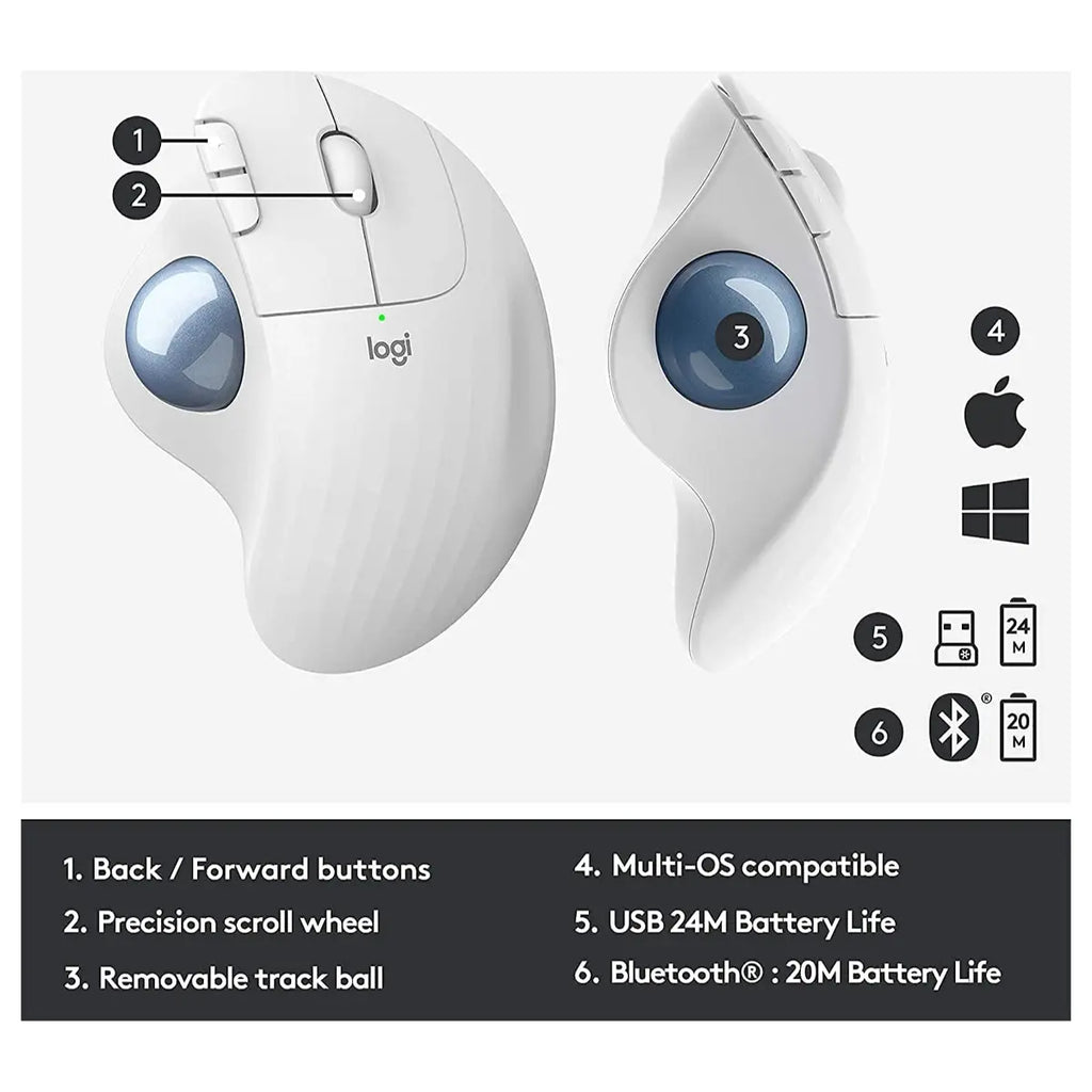 Logitech Ergo M575 Wireless Trackball Mouse, Bluetooth, Easy Thumb Control, Precision and Smooth Tracking, Ergonomic Comfort Design, Windows and Mac, Off White