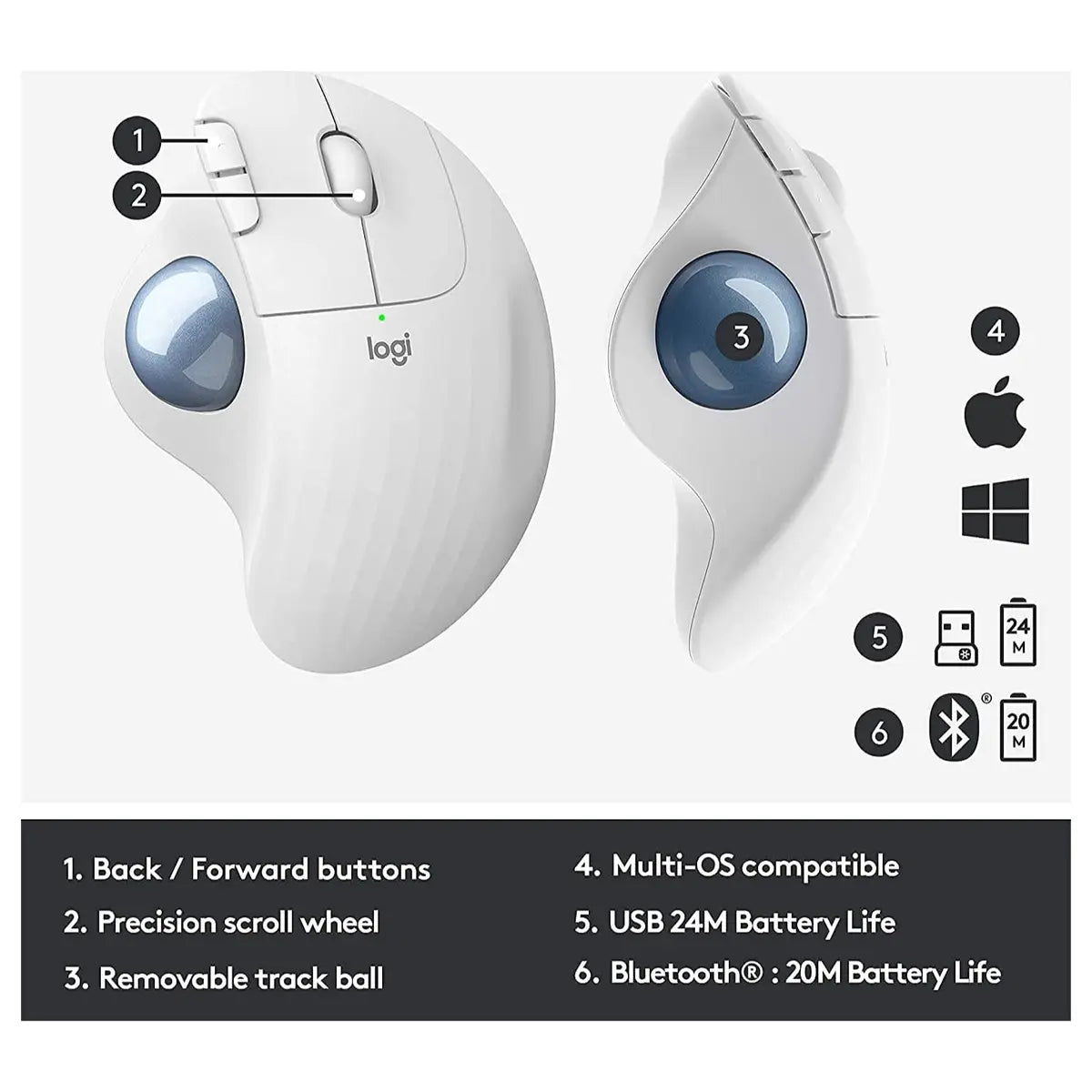 Logitech Ergo M575 Wireless Trackball Mouse, Bluetooth, Easy Thumb Control, Precision and Smooth Tracking, Ergonomic Comfort Design, Windows and Mac, Off White