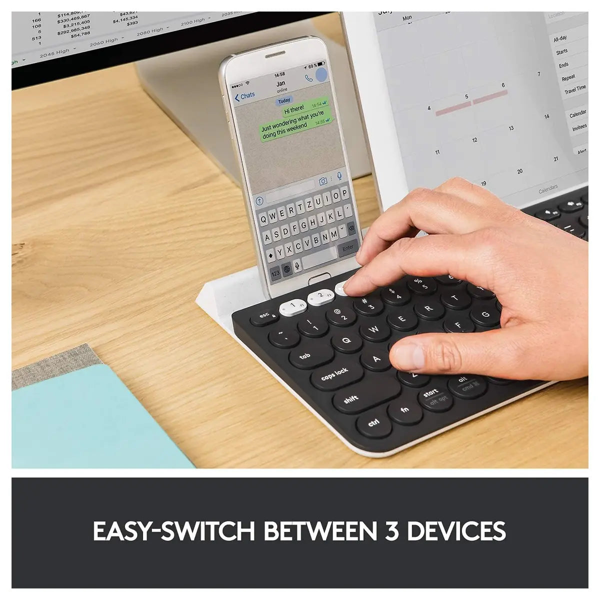 Logitech K780 Multi-Device Wireless Keyboard, USB Or Bluetooth Smart Wireless, Easy-Switch Up To 3 Devices, Full-Size With Number Pad, Integrated Phone And Tablet Stand, Speckles White