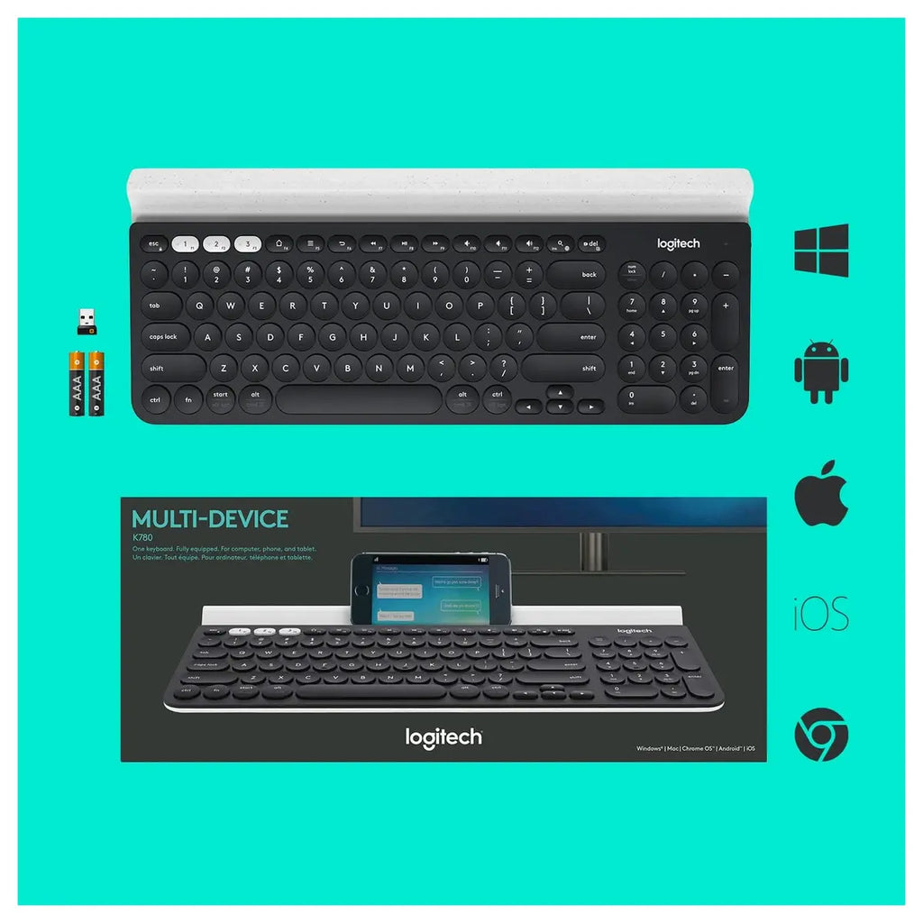 Logitech K780 Multi-Device Wireless Keyboard, USB Or Bluetooth Smart Wireless, Easy-Switch Up To 3 Devices, Full-Size With Number Pad, Integrated Phone And Tablet Stand, Speckles White