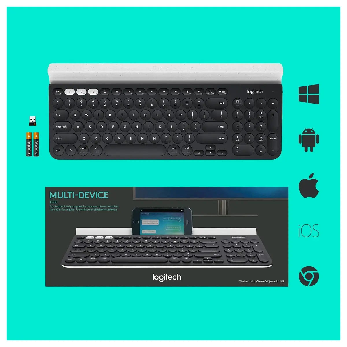 Logitech K780 Multi-Device Wireless Keyboard, USB Or Bluetooth Smart Wireless, Easy-Switch Up To 3 Devices, Full-Size With Number Pad, Integrated Phone And Tablet Stand, Speckles White