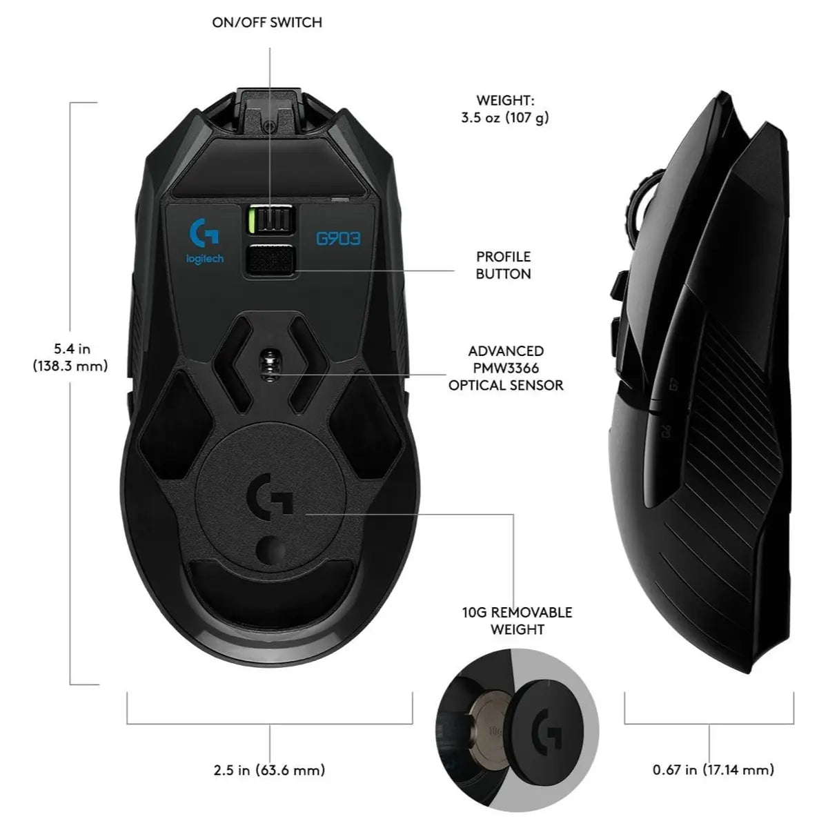 Logitech G903 Hero Lightspeed RGB Wireless Gaming Mouse, 25,600 DPI, 1ms Report Rate, 140 Hours Battery Life