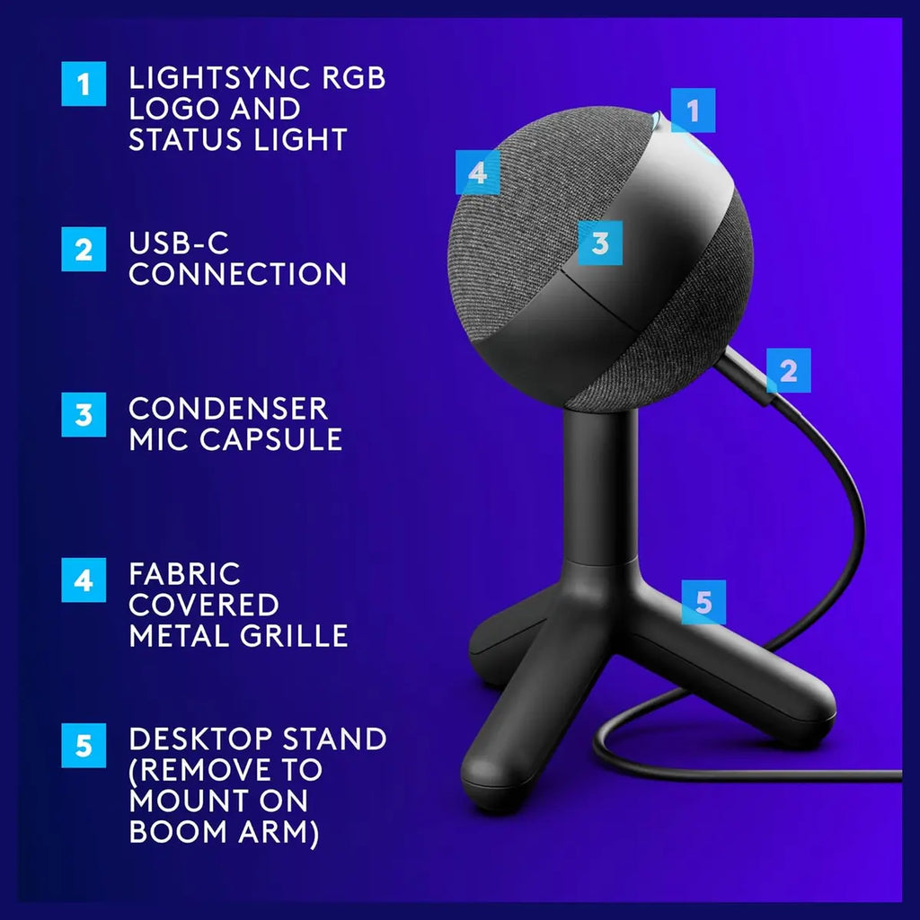 Logitech G Yeti Orb Condenser RGB Gaming Microphone with LIGHTSYNC, USB Plug and Play, Cardioid, for PC and Mac, Black, 988-000551
