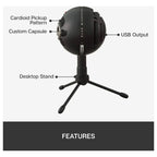 Logitech Blue Snowball Ice USB Microphone, 40-18kHz Frequency Response, Cardioid Polar Pattern, USB Cable, for Recording Streaming and Podcasting, Black, 988-000172