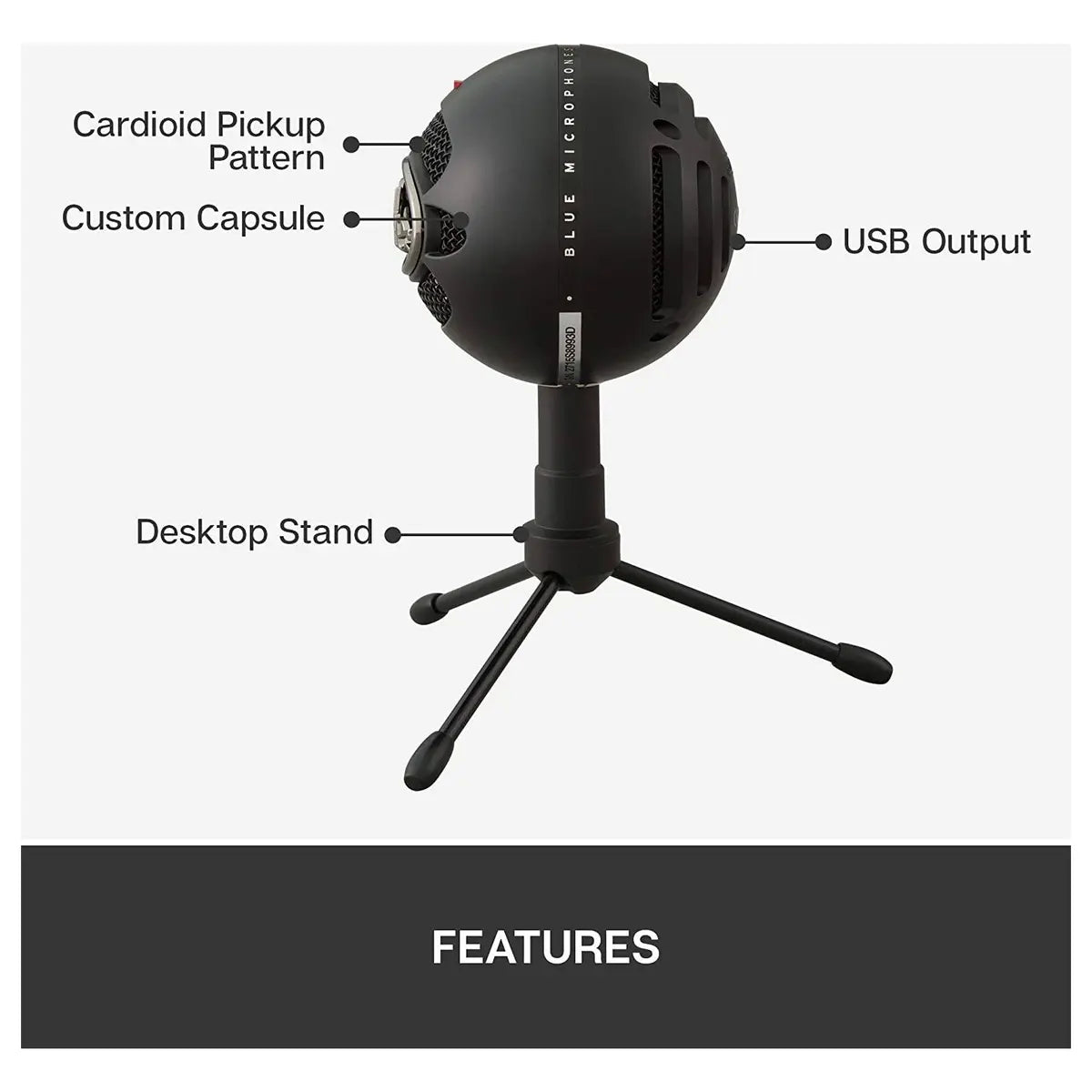 Logitech Blue Snowball Ice USB Microphone, 40-18kHz Frequency Response, Cardioid Polar Pattern, USB Cable, for Recording Streaming and Podcasting, Black, 988-000172