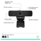 Logitech C925e Business Webcam, 1080p 30fps, 78 Degree FOV, Autofocus, RightLight 2, Dual Omnidirectional Mics, H.264, USB-A, Privacy Shutter, Black, 960-001076