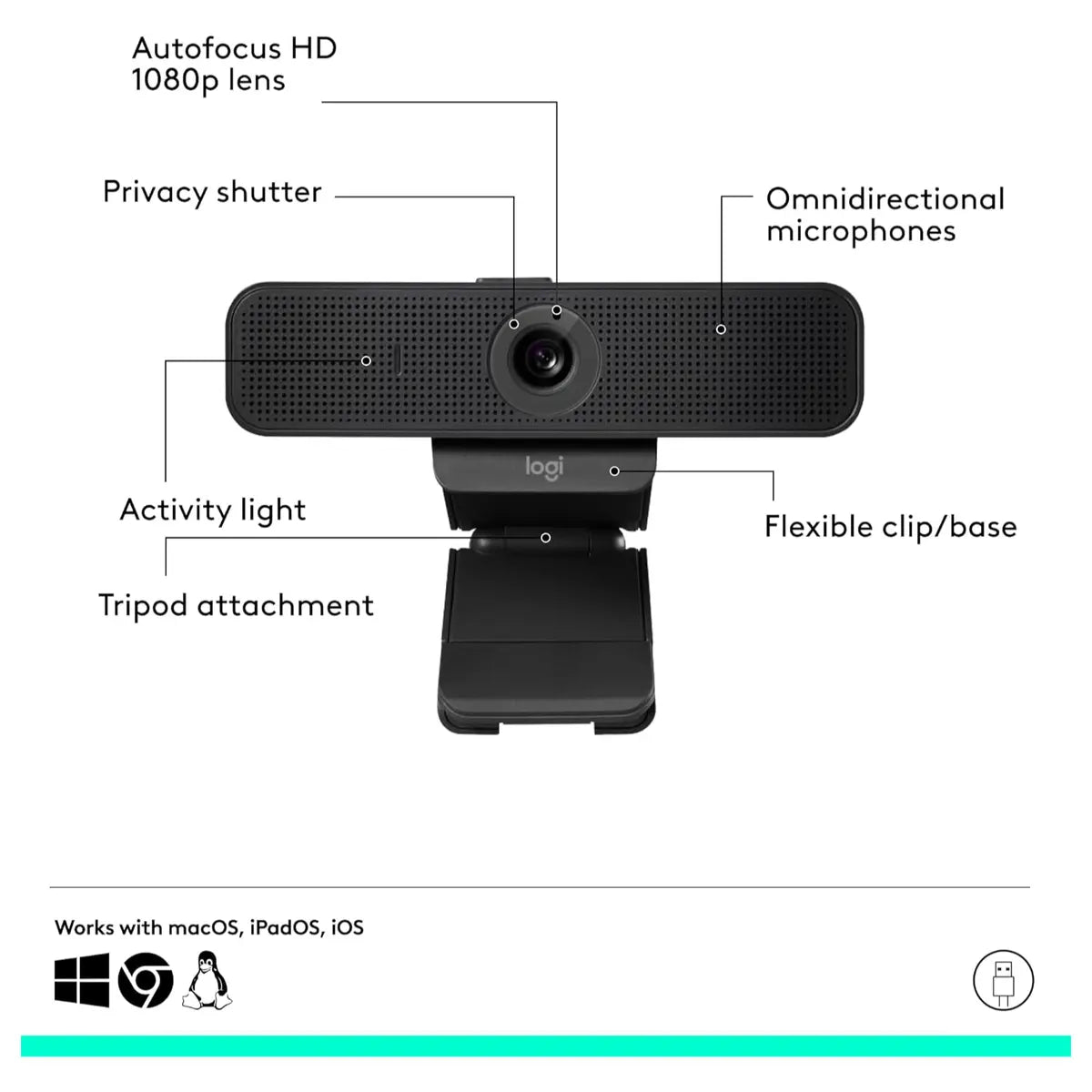 Logitech C925e Business Webcam, 1080p 30fps, 78 Degree FOV, Autofocus, RightLight 2, Dual Omnidirectional Mics, H.264, USB-A, Privacy Shutter, Black, 960-001076