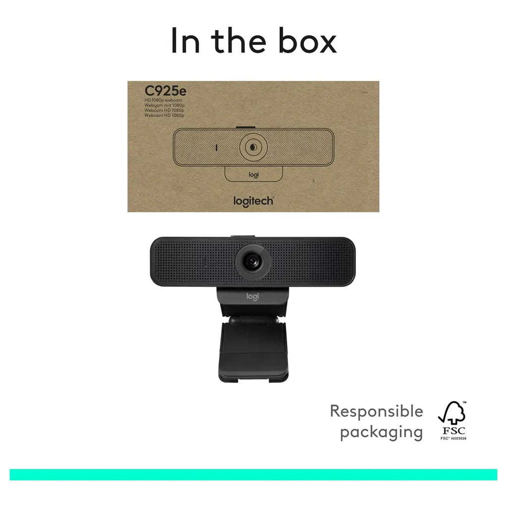 Logitech C925e Business Webcam, 1080p 30fps, 78 Degree FOV, Autofocus, RightLight 2, Dual Omnidirectional Mics, H.264, USB-A, Privacy Shutter, Black, 960-001076