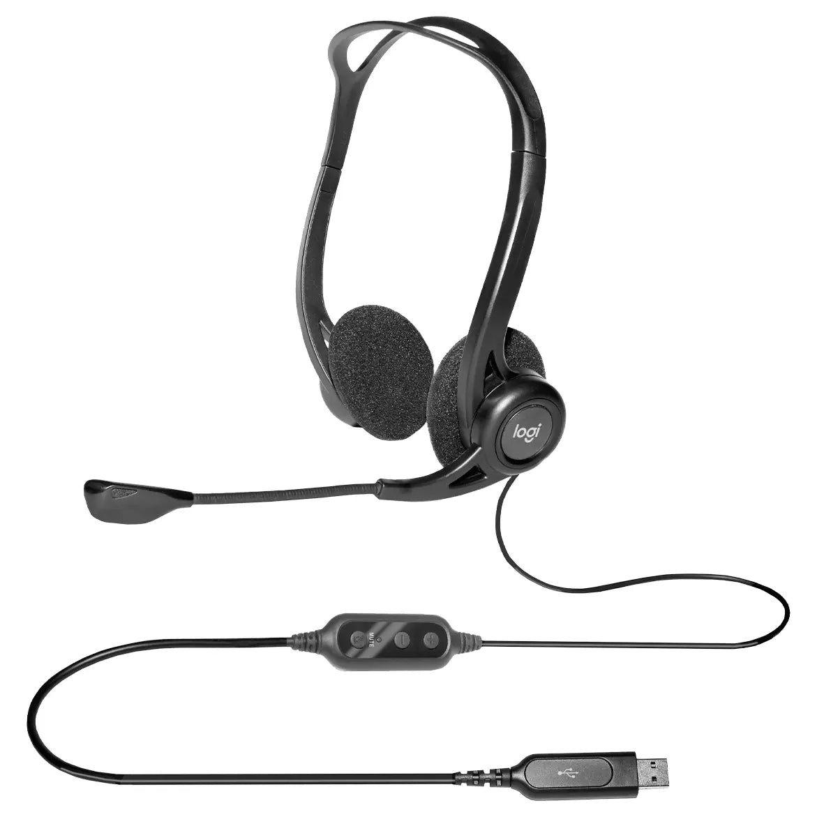 Logitech 960 USB Headset, USB-A Wired, Digital Stereo Audio, Noise-Cancelling Bi-Directional Mic, 2.4m Cable, Black, 981-000100