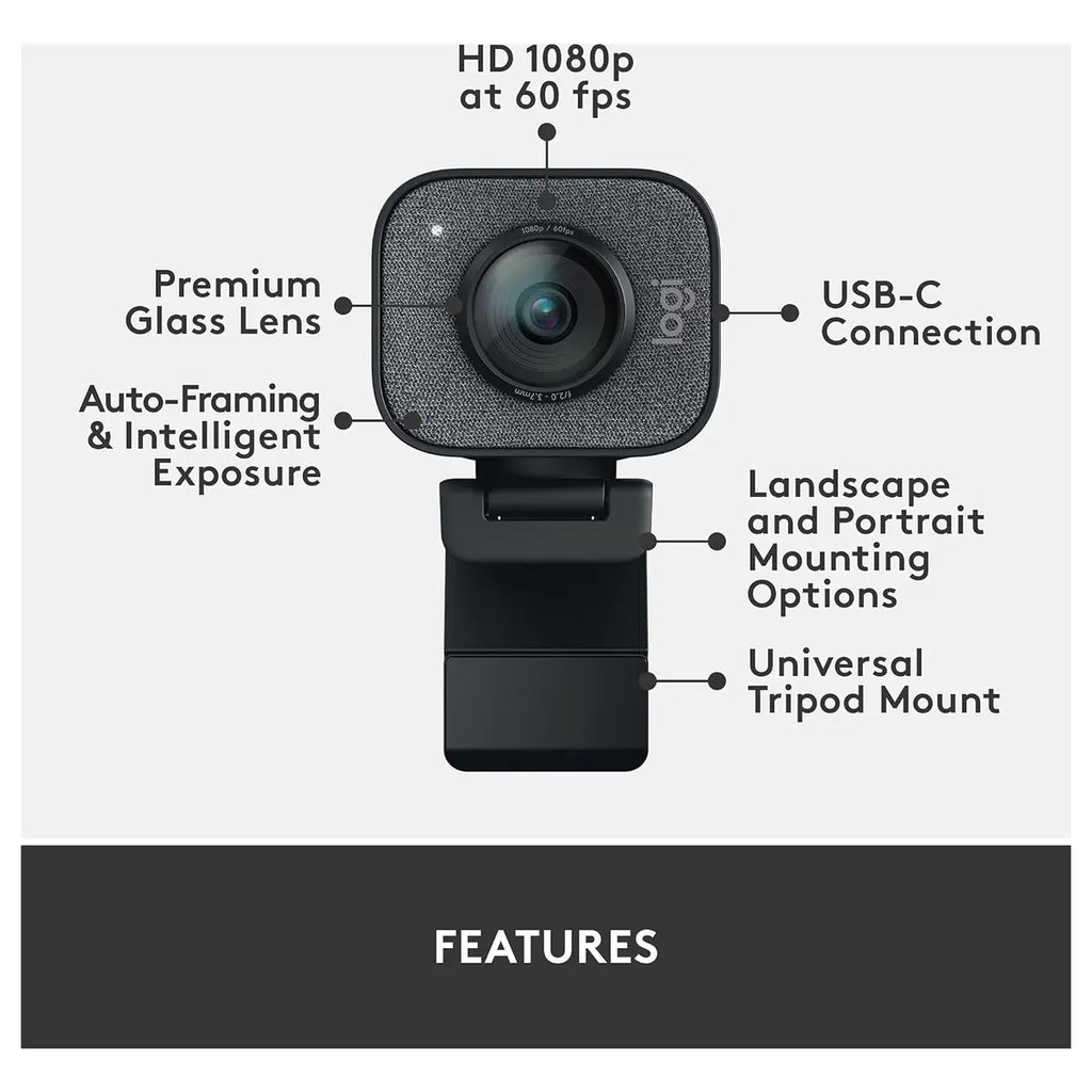 Logitech StreamCam Webcam, Full HD 1080P 60FPS, 78 Degree FOV, USB-C, Smart Auto-Focus, Full HD Vertical Video, Black 960-001281