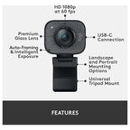 Logitech StreamCam Webcam, Full HD 1080P 60FPS, 78 Degree FOV, USB-C, Smart Auto-Focus, Full HD Vertical Video, Black 960-001281