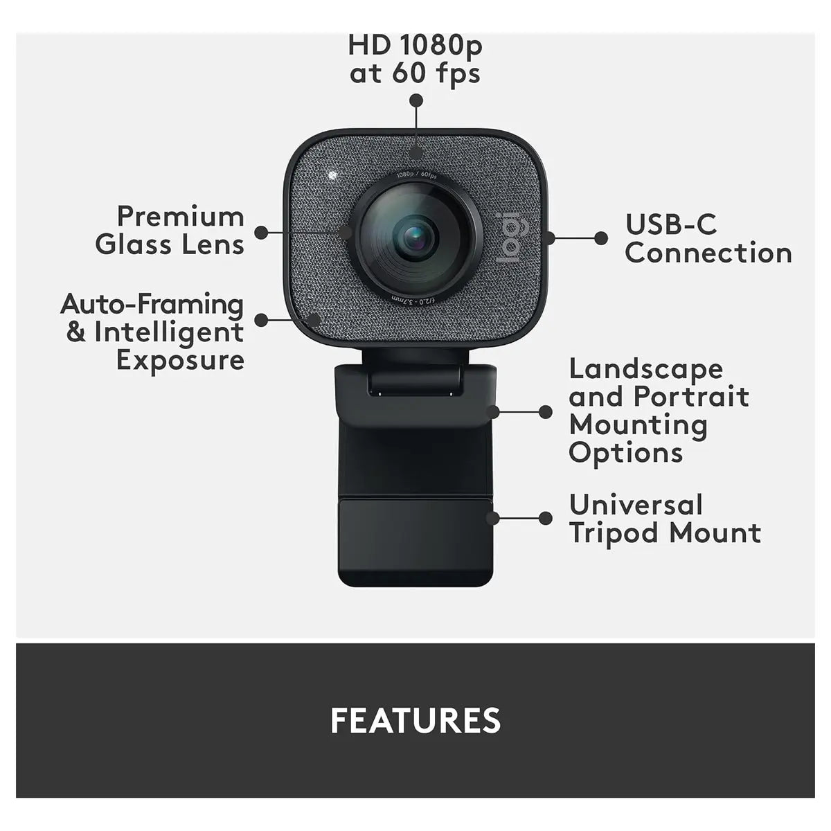 Logitech StreamCam Webcam, Full HD 1080P 60FPS, 78 Degree FOV, USB-C, Smart Auto-Focus, Full HD Vertical Video, Black 960-001281