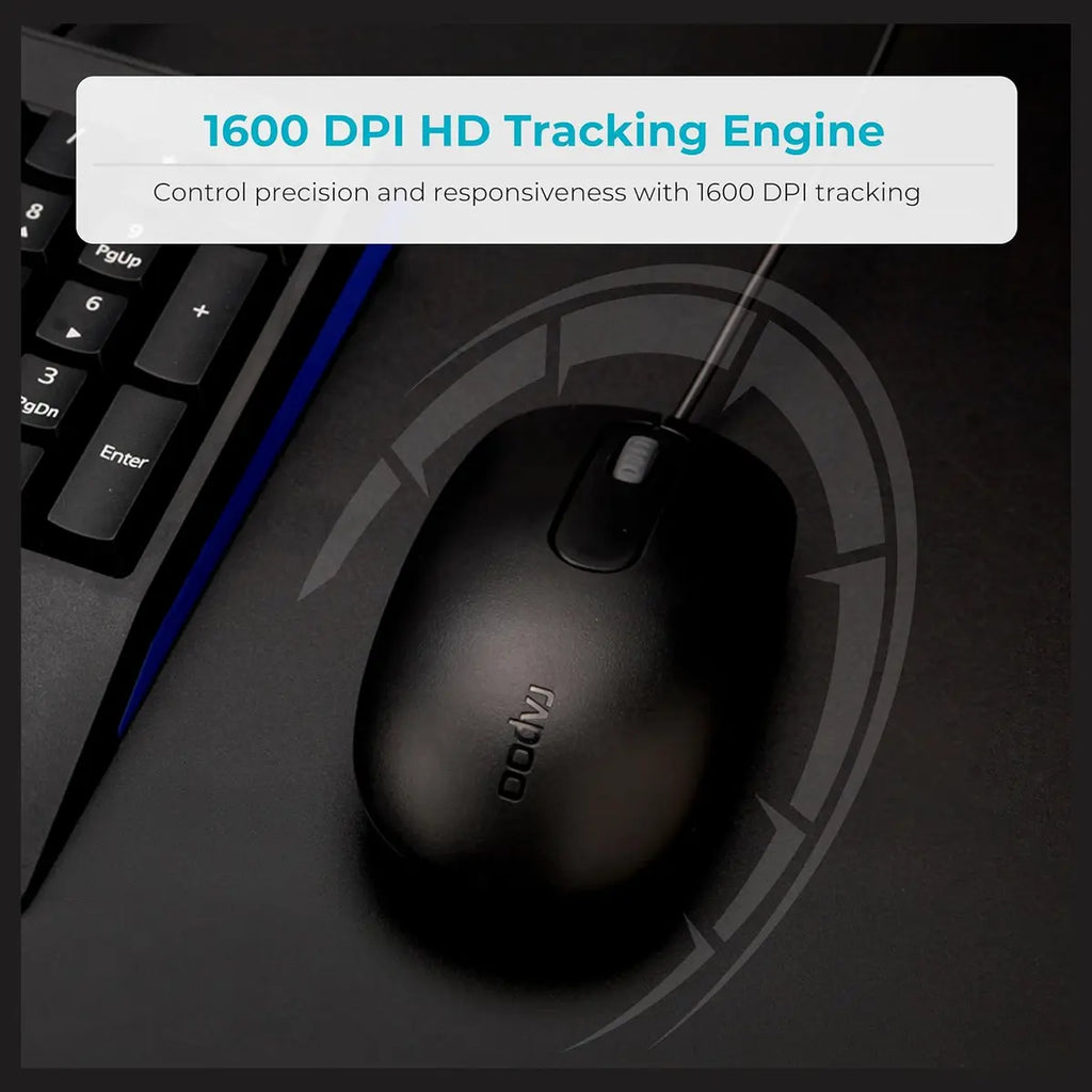 Rapoo N200 Wired Mouse, Ambidextrous Design, 1000 DPI Sensor, Frosted Anti-Slip Cover, Black