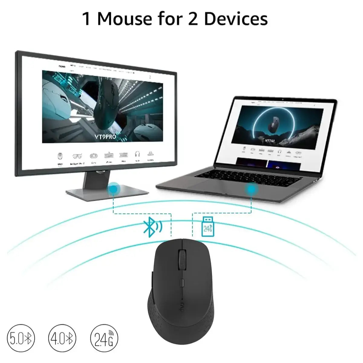 Rapoo M300 Silent Wireless Mouse, Bluetooth 5.0 and 2.4GHz With USB Receiver, 2400 Adjustable DPI Optical Tracking, Up To 9 Months Battery Life, Black