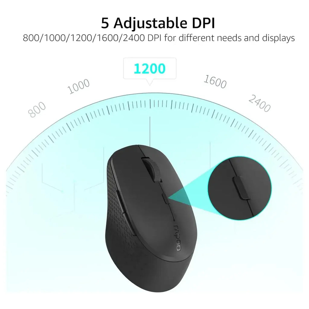 Rapoo M300 Silent Wireless Mouse, Bluetooth 5.0 and 2.4GHz With USB Receiver, 2400 Adjustable DPI Optical Tracking, Up To 9 Months Battery Life, Black