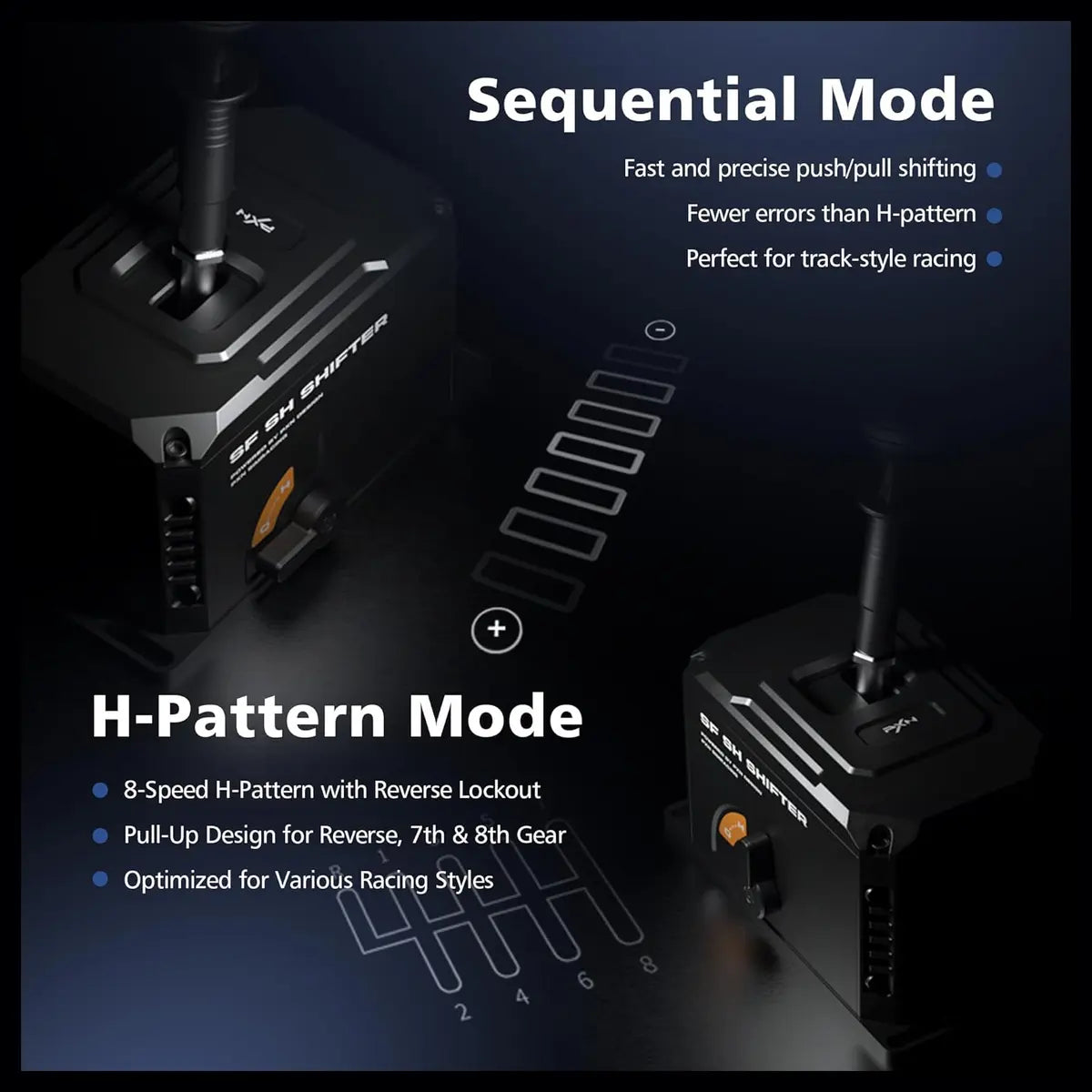 PXN SF SH Sim Racing Shifter, H-Pattern and Sequential Dual Mode, Hall Effect Sensor, Aluminum Alloy Body, 6+2+R Gears, Adjustable Resistance, USB and RJ11 Compatible with PC