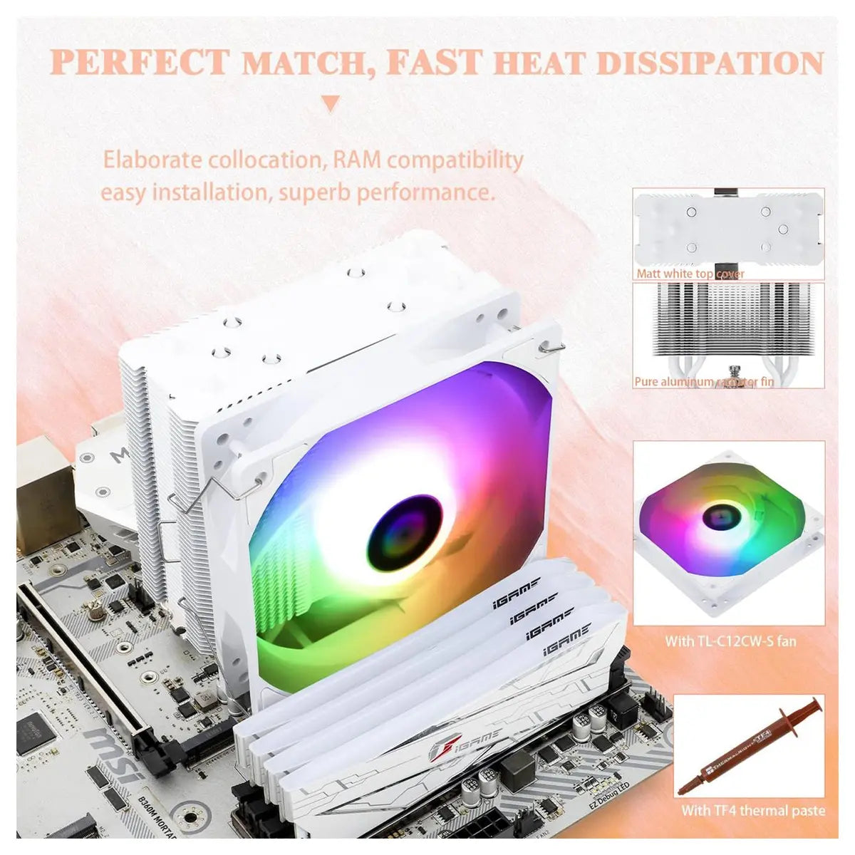 Thermalright Assassin King 120 SE CPU Air Cooler, 5 AGHP Heat Pipes, TL-C12C-S Fan, SS2 Mounting System, Includes TF-4 Thermal Paste, White ARGB