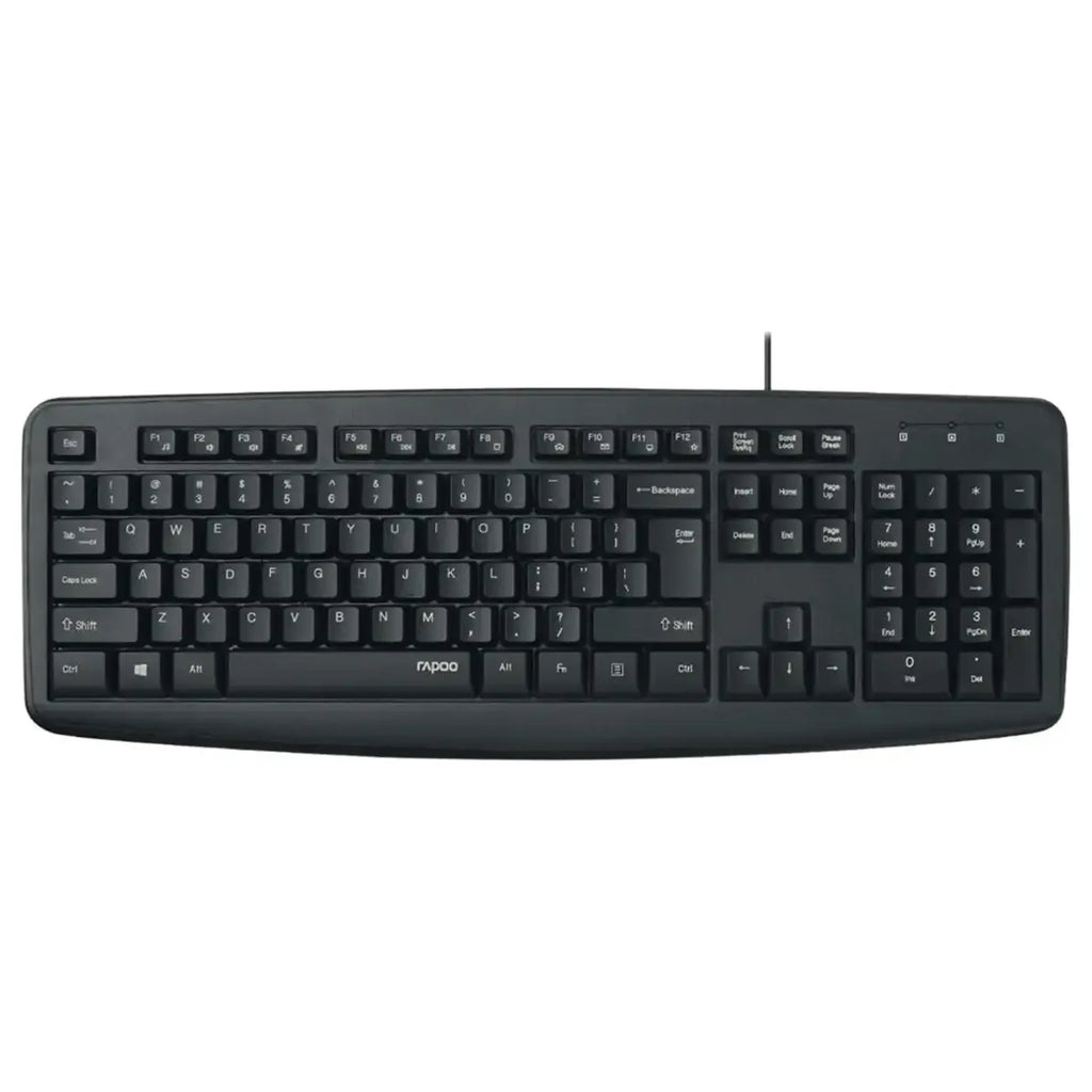 Rapoo NK2600 Wired USB Keyboard, Full-Size, Spill-Resistant, Laser Carved Keycaps, LED Caps Lock Indicator, Black