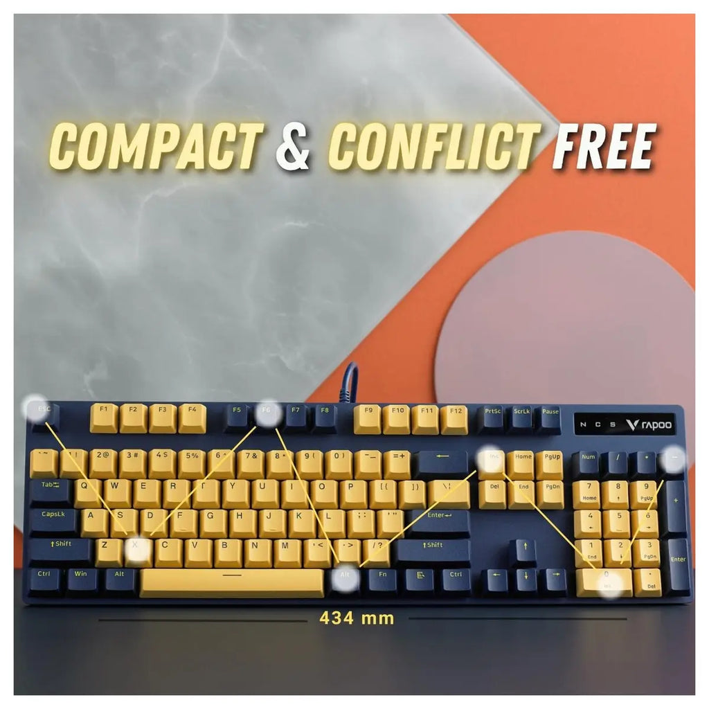 Rapoo V500 PRO RGB Backlit Wired Mechanical Gaming Keyboard, Mechanical Keys, 60 Million Key Life, All-Key Anti-Ghosting, Spill-Resistant, Yellow Blue