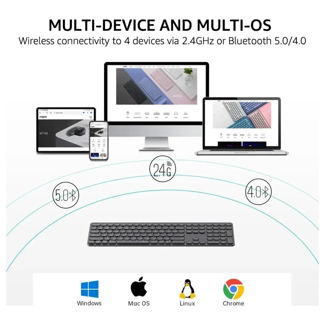 Rapoo E9550L Multi-Device Wireless Blade Series 110-Key Ultra-Thin Keyboard, Bluetooth 4.0/5.0 And 2.4GHz, Aluminum Alloy Frame, 5.3mm, 110-Key Compact Layout