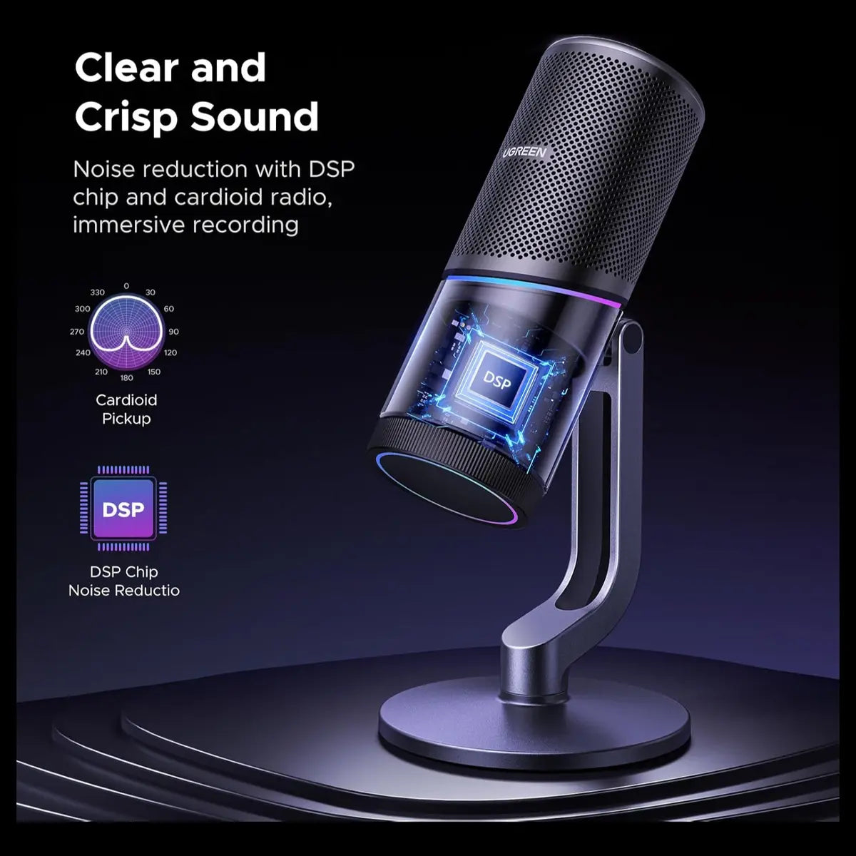 UGREEN Microphone for PC, USB Condenser Microphone, 24bit/96kHz, Cardioid Polar Pattern, RGB Lights, Mute Button, Volume Control, Headphone Jack, Model 35629