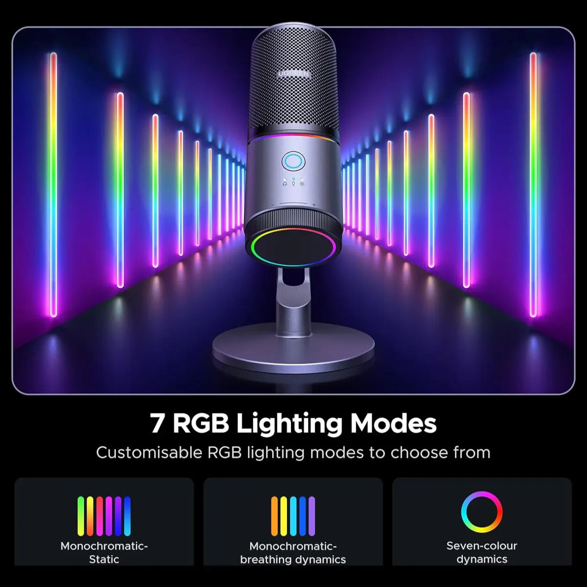UGREEN Microphone for PC, USB Condenser Microphone, 24bit/96kHz, Cardioid Polar Pattern, RGB Lights, Mute Button, Volume Control, Headphone Jack, Model 35629