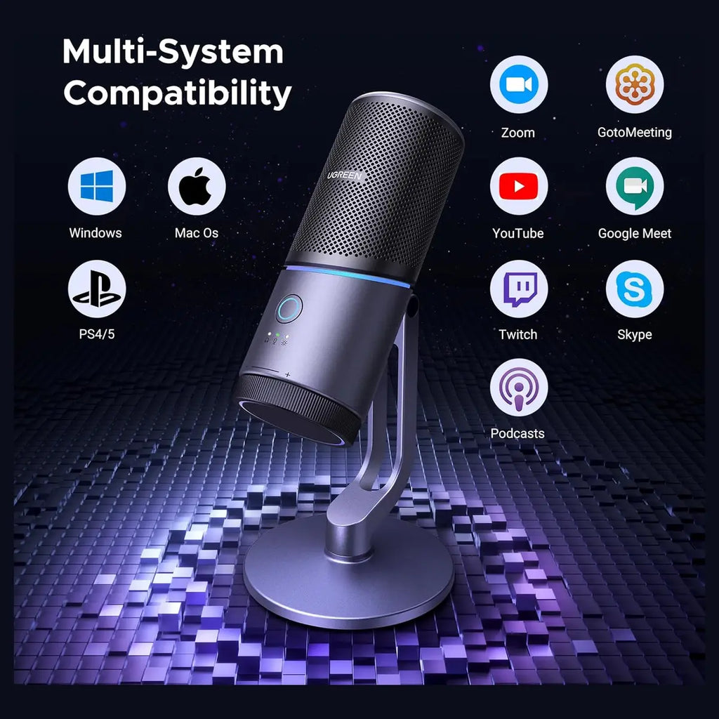 UGREEN Microphone for PC, USB Condenser Microphone, 24bit/96kHz, Cardioid Polar Pattern, RGB Lights, Mute Button, Volume Control, Headphone Jack, Model 35629