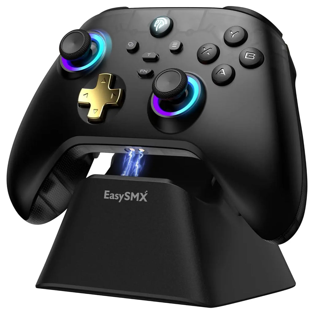 EasySMX D05 Multiplatform Gaming Controller with Charging Dock, Hall Effect Joysticks and Triggers, Wireless Bluetooth 5.3 or 2.4G Dongle, 1000Hz Polling Rate, RGB Lighting, Black