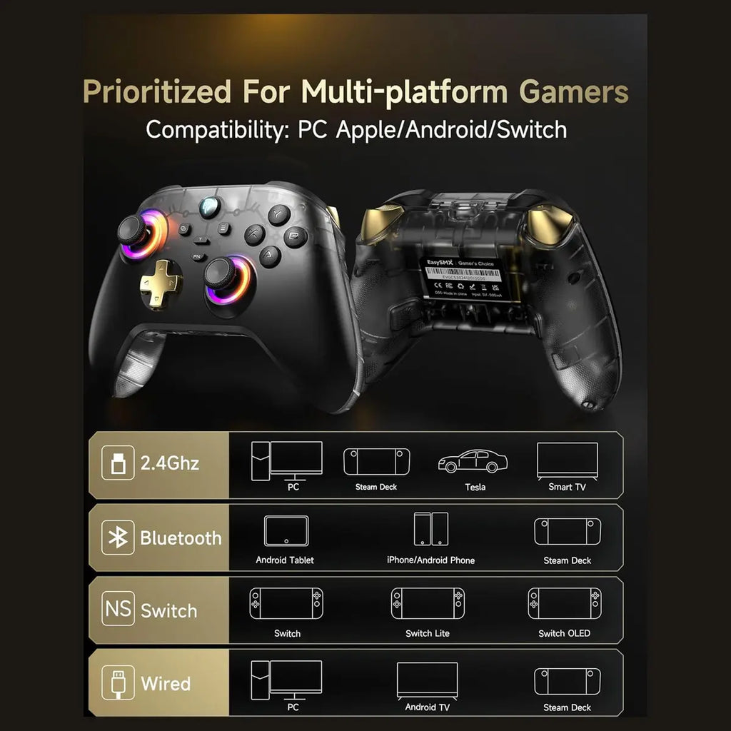 EasySMX D05 Multiplatform Gaming Controller with Charging Dock, Hall Effect Joysticks and Triggers, Wireless Bluetooth 5.3 or 2.4G Dongle, 1000Hz Polling Rate, RGB Lighting, Black