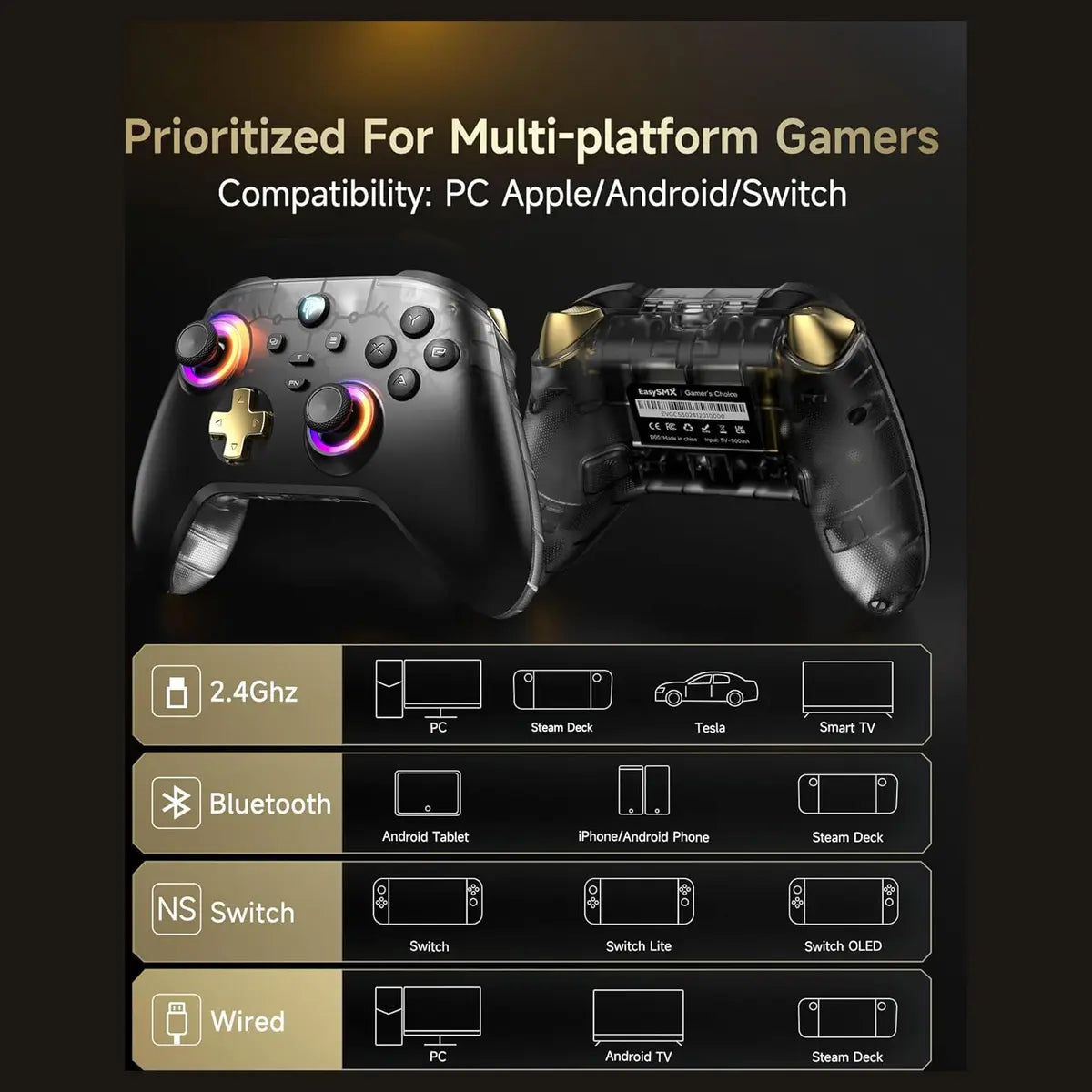 EasySMX D05 Multiplatform Gaming Controller with Charging Dock, Hall Effect Joysticks and Triggers, Wireless Bluetooth 5.3 or 2.4G Dongle, 1000Hz Polling Rate, RGB Lighting, Black