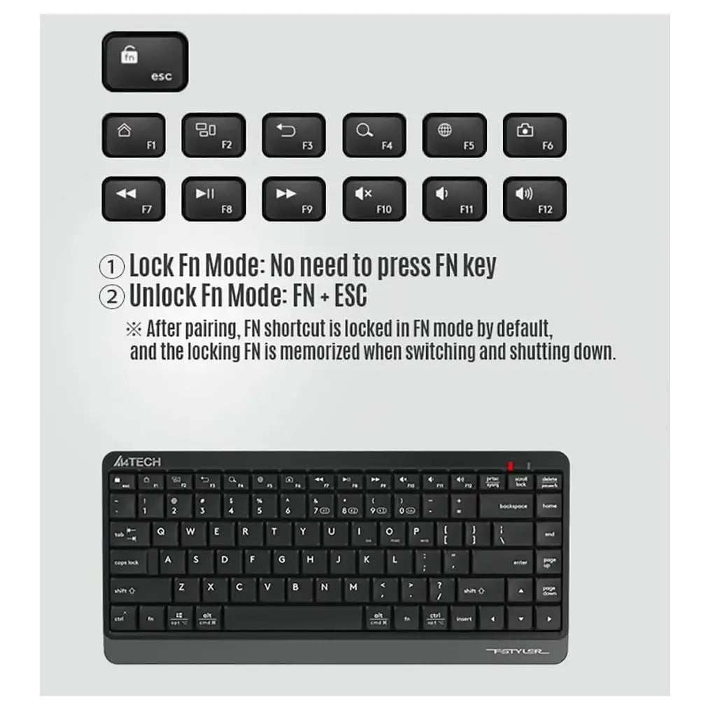 A4Tech FBK11 Wireless Keyboard, Bluetooth and 2.4GHz, Switch Up to 4 Devices, Compact Size, Multimedia Hot Keys, Grey