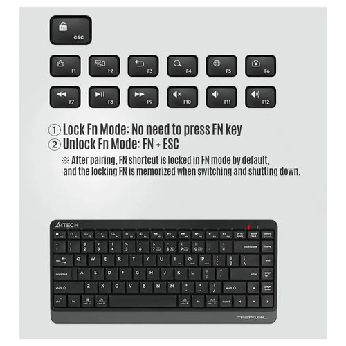 A4Tech FBK11 Wireless Keyboard, Bluetooth and 2.4GHz, Switch Up to 4 Devices, Compact Size, Multimedia Hot Keys, Grey