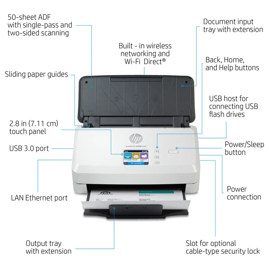 HP ScanJet Pro N4000 SNW1 Sheetfed Scanner, 40ppm and 80IPM, 50-Sheet ADF, 2.8 Inch Color Touchscreen, 600 x 600dpi, USB 3.0 and Ethernet and WiFi and WiFi Direct