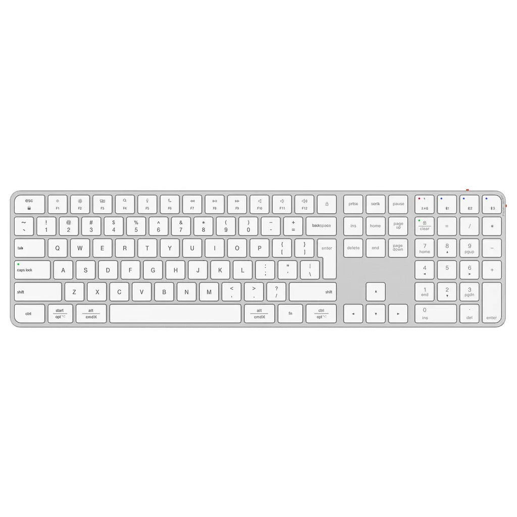 Meetion IKey K230 Ultra-Slim Dual Mode Wireless Keyboard, 109-Key Full-Sized Layout, 2.4G Wireless Plus 3-Channel Bluetooth 4-Device Switching, Scissor Key Switch, Silver and White