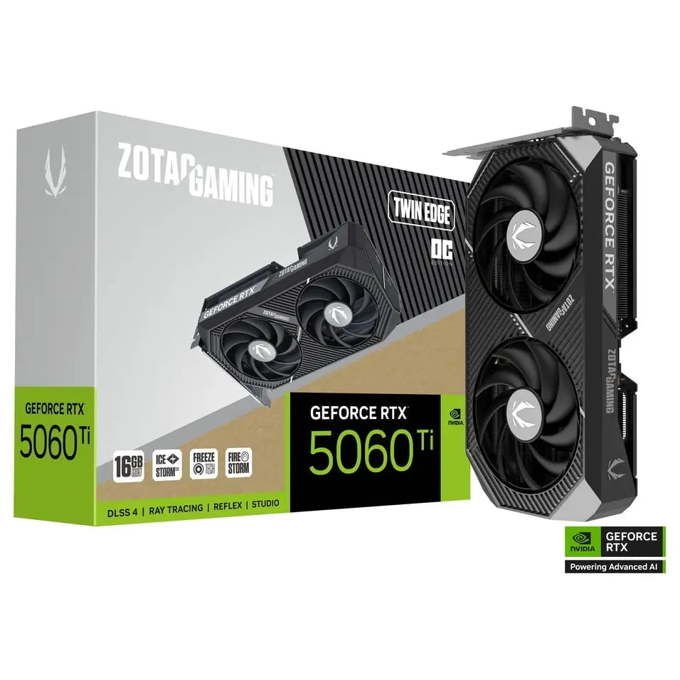 ZOTAC GAMING GeForce RTX 5060 Ti 16GB Twin Edge OC Video Graphics Card, 16GB GDDR7, 4608 CUDA Cores, PCI Express 5.0 x8, IceStorm 2.0 Cooling, ZT-B50620H-10M