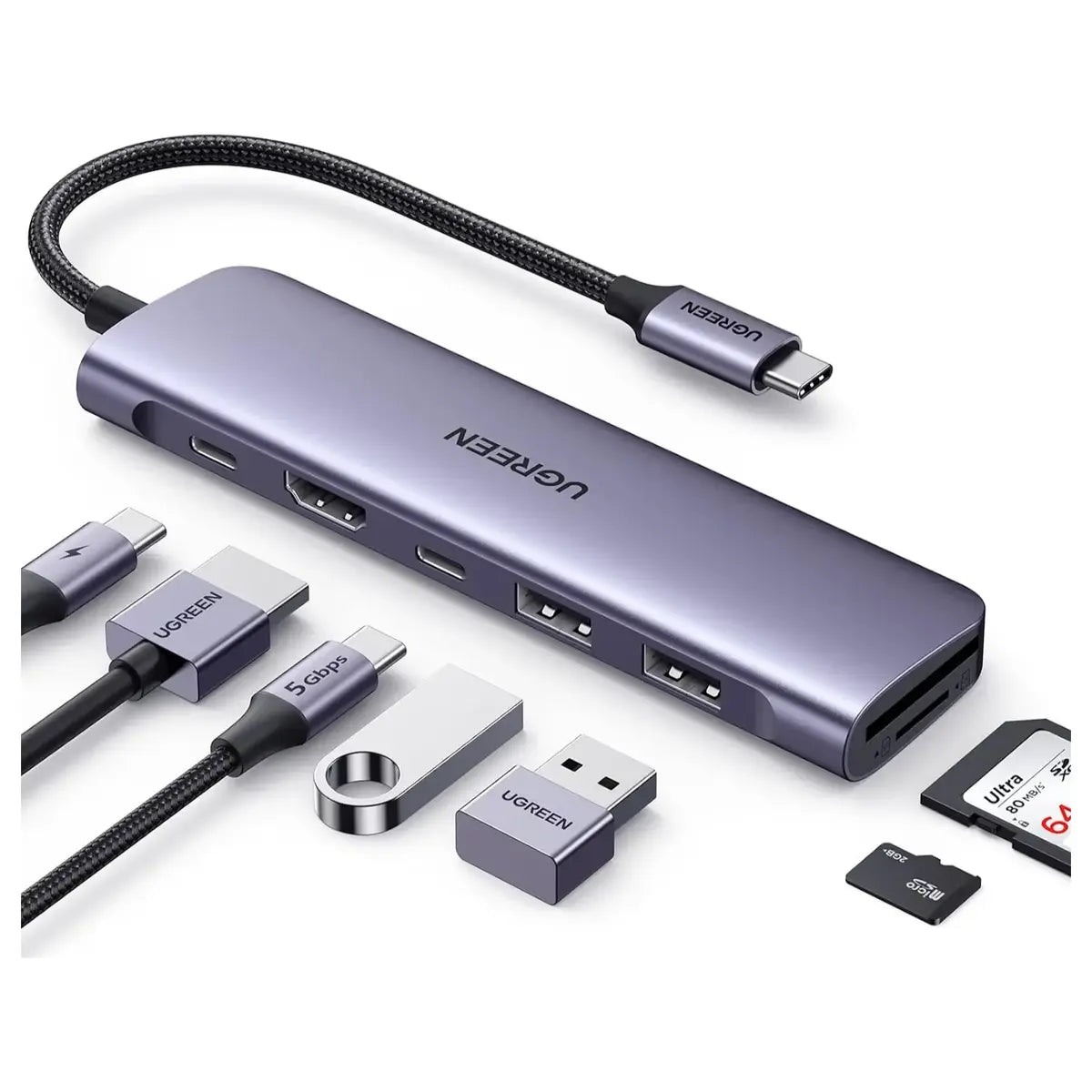 UGREEN Revodok 1071 USB-C Hub 7-in-1 Dock, 4K@30Hz HDMI, 100W PD, USB-C 5Gbps and 2x USB-A 5Gbps, SD and MicroSD Card Reader, Model 15214