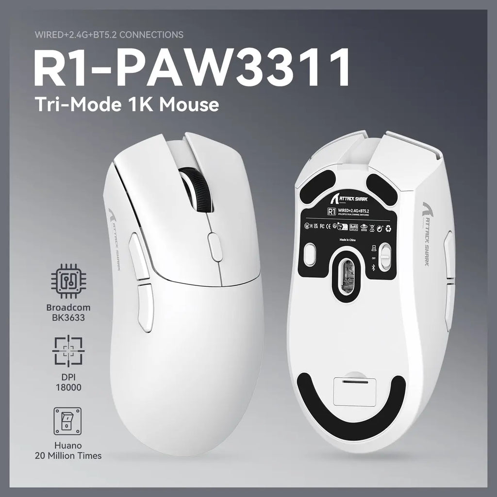 ATTACK SHARK R1 Wireless Gaming Mouse, PixArt PAW3311 18000 DPI, 59g Superlight, Bluetooth and 2.4G Wireless and Wired USB-C, 65 Hours Battery, Red