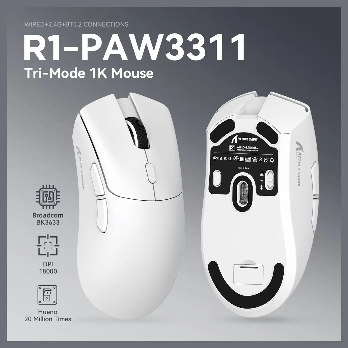 ATTACK SHARK R1 Wireless Gaming Mouse, PixArt PAW3311 18000 DPI, 59g Superlight, Bluetooth and 2.4G Wireless and Wired USB-C, 65 Hours Battery, Red