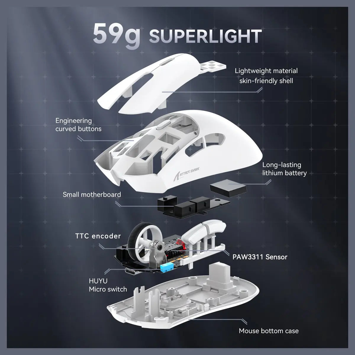 ATTACK SHARK R1 Wireless Gaming Mouse, PixArt PAW3311 18000 DPI, 59g Superlight, Bluetooth and 2.4G Wireless and Wired USB-C, 65 Hours Battery, Red