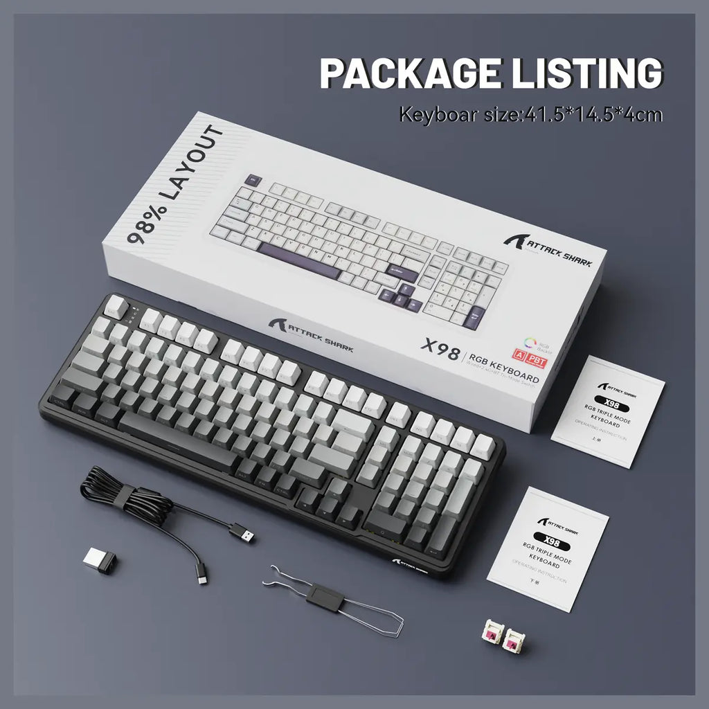 ATTACK SHARK X98 Full-Size Wireless Mechanical Keyboard, 102 Keys Tri-Mode Bluetooth 5.0 2.4G USB-C, Upgraded Gasket-Mount, Hot-Swappable 3/5 Pin, 4000mAh, South-Facing RGB, Starlight White