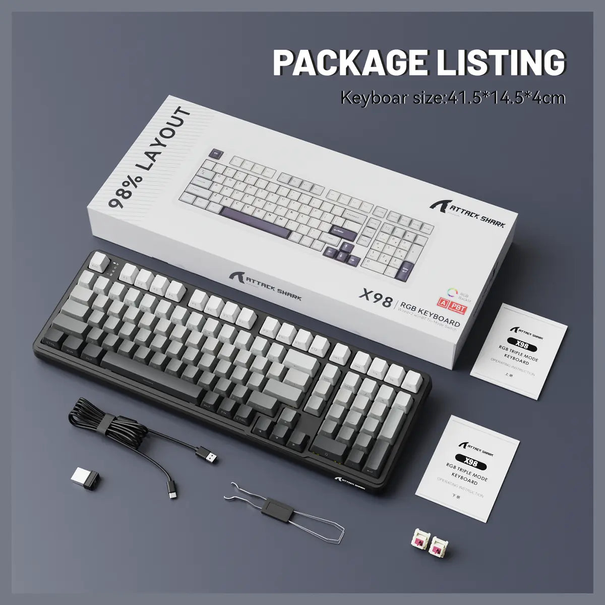 ATTACK SHARK X98 Full-Size Wireless Mechanical Keyboard, 102 Keys Tri-Mode Bluetooth 5.0 2.4G USB-C, Upgraded Gasket-Mount, Hot-Swappable 3/5 Pin, 4000mAh, South-Facing RGB, Starlight White